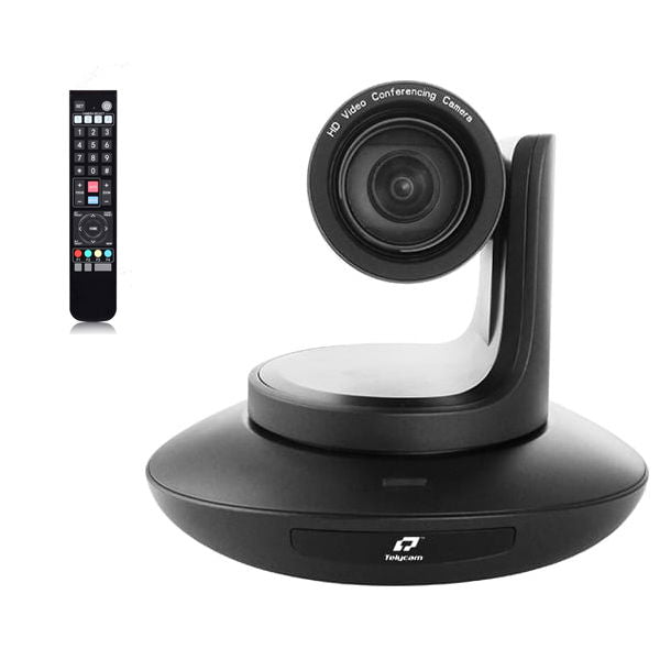 Black PTZ video conferencing camera with remote control, front view