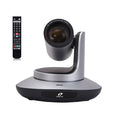 PTZ video conferencing camera with remote control and wide base, black and gray