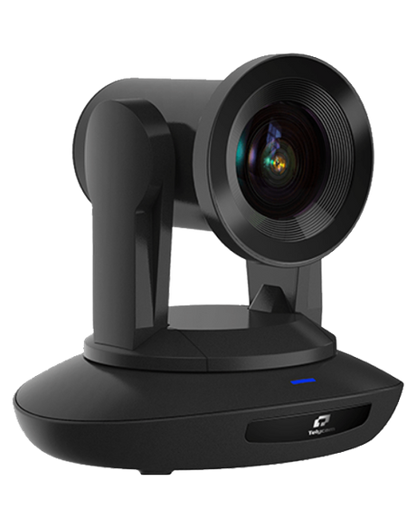Black PTZ conference camera, front view with motorized zoom lens and base