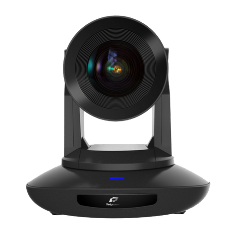 PTZ camera top view, circular zoom lens module on pedestal base, black