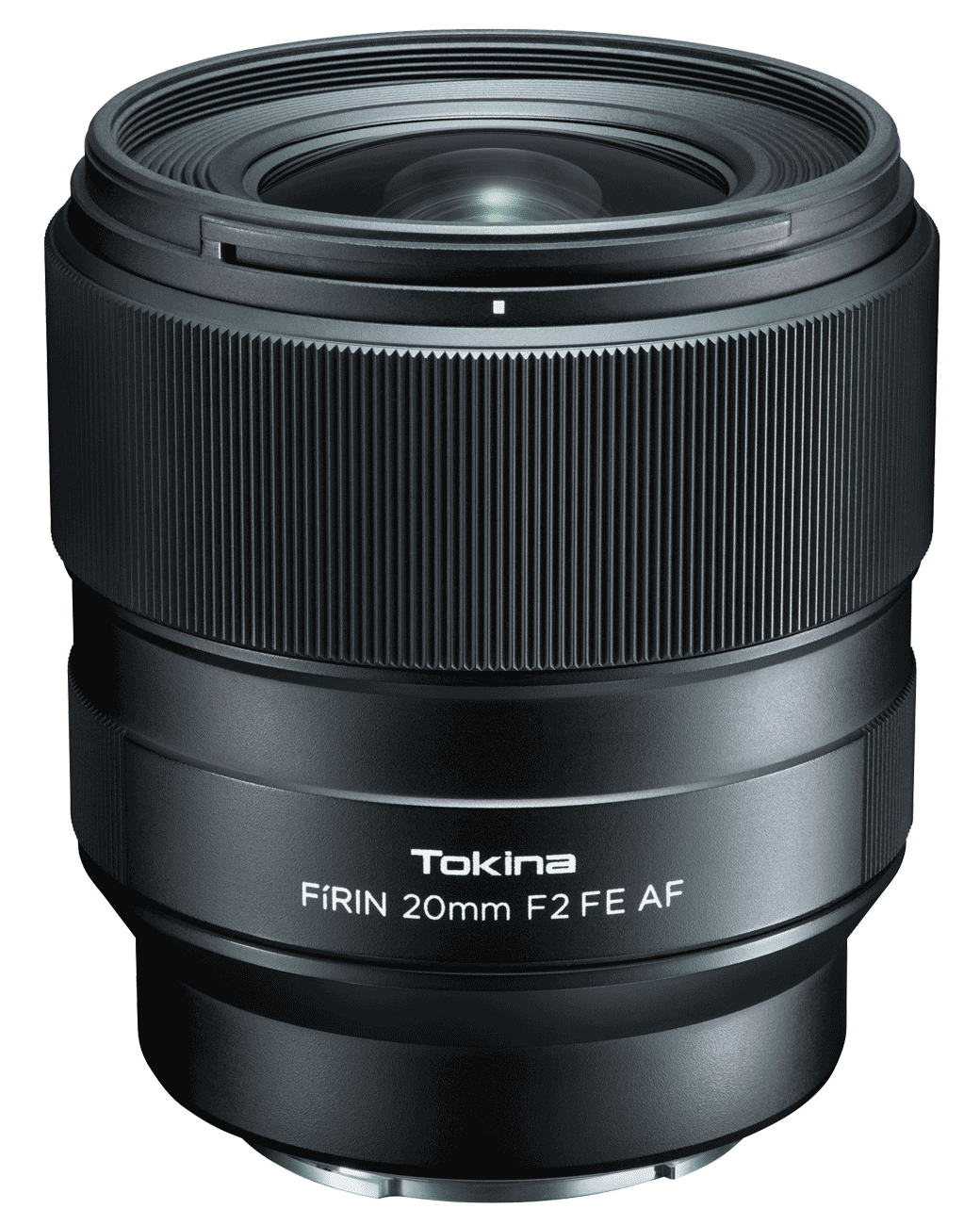 FiRIN 20mm f/2 FE AF lens, front close-up with ridged barrel texture
