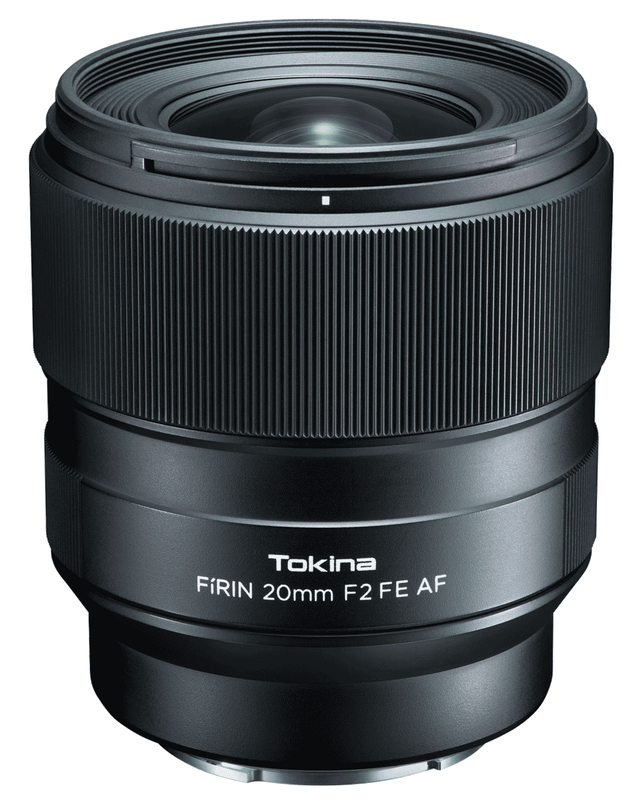 FiRIN 20mm f/2 FE AF lens, front close-up with ridged barrel texture