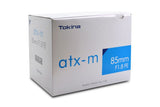 Tokina atx-m 85mm F1.8 FE lens retail box with product label and blue panel