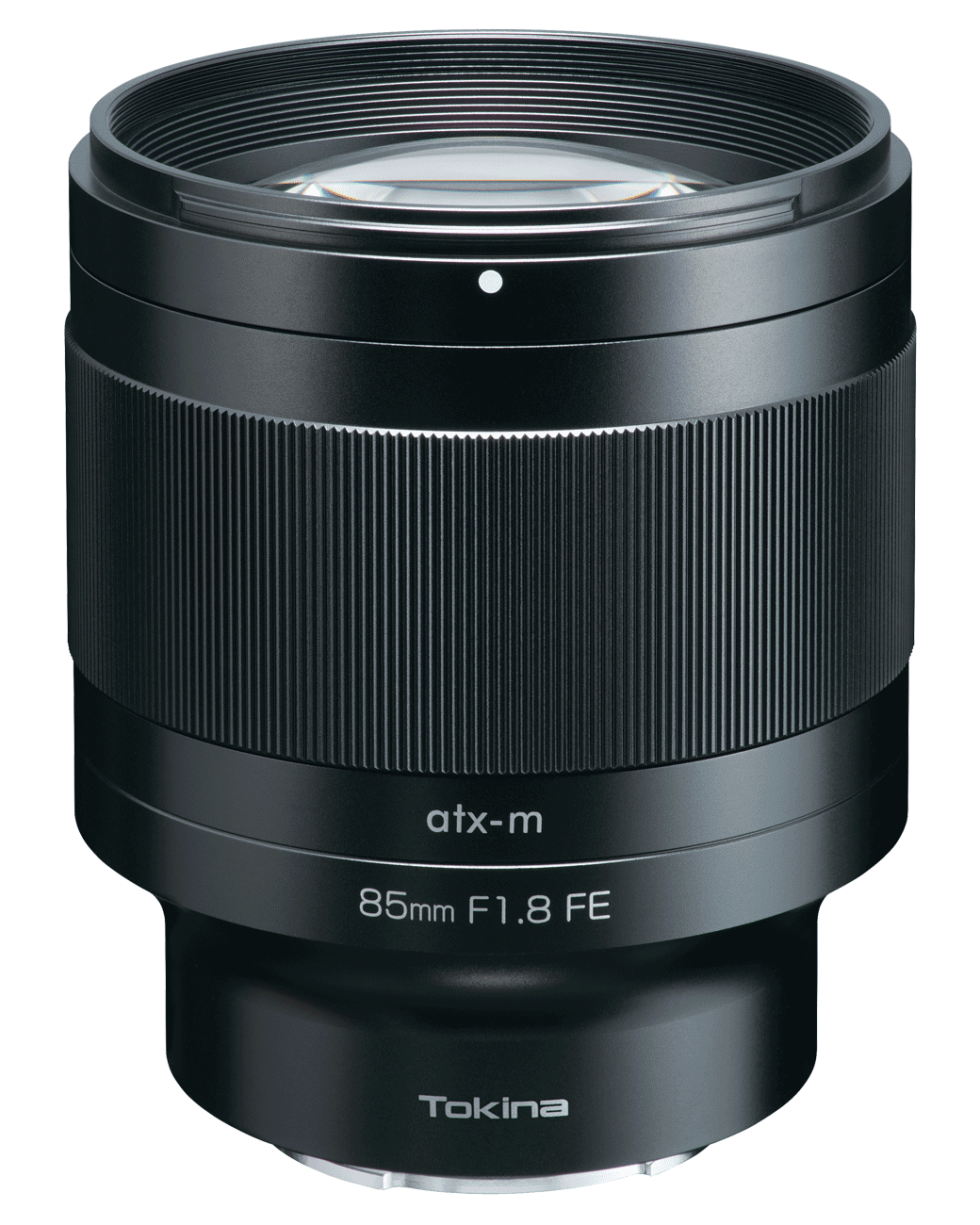 85mm F1.8 FE atx-m lens with ribbed grip, front glass and mount ring visible