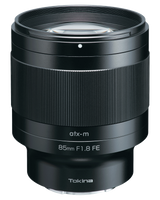 85mm F1.8 FE atx-m lens with ribbed grip, front glass and mount ring visible