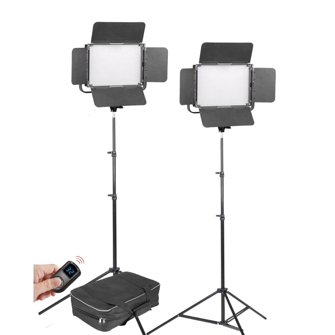 Two LED bicolor/RGB studio lights on stands with remote and black carrying case