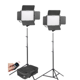 Two LED bicolor/RGB studio lights on stands with remote and black carrying case
