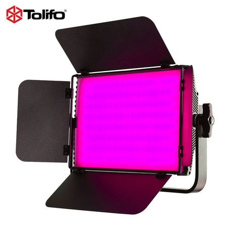 Bicolor/RGB LED light on with magenta glow and attached barn doors