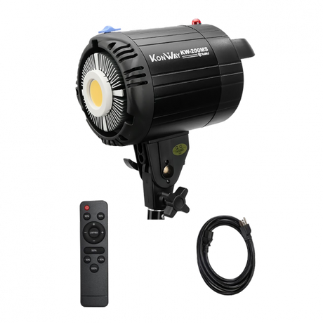 Black LED studio light with reflector, remote, and attached power cable