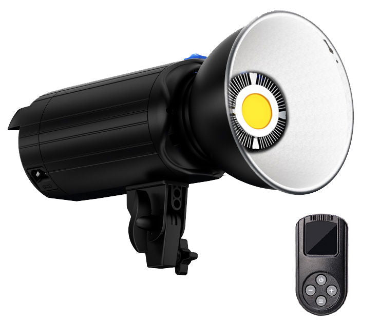 Black LED photo/video light with Bowens mount head; circular diffuser, with remote