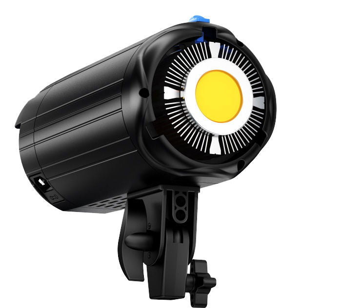 Front view of black LED light head with yellow COB LED and heat-sink fins