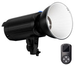 Black LED photo/video light with white diffuser panel and included handheld remote