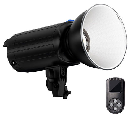 Black LED photo/video light with white diffuser panel and included handheld remote