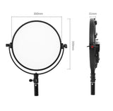 300mm bicolor LED ring light front and side view with height marked