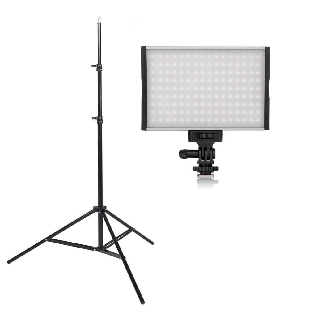 Bicolor LED panel light with tripod stand; rectangular 144-LED light head
