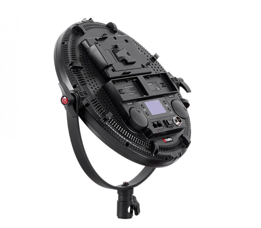 Black bicolor LED ring light with rear control panel and buttons