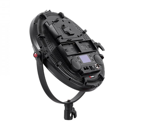 Black bicolor LED ring light with rear control panel and buttons