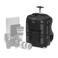 Black rolling camera backpack with telescoping handle and front compartments