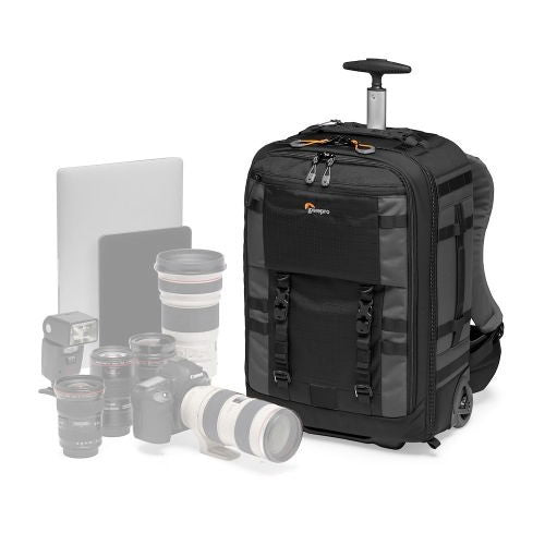 Black rolling camera backpack with telescoping handle and front compartments
