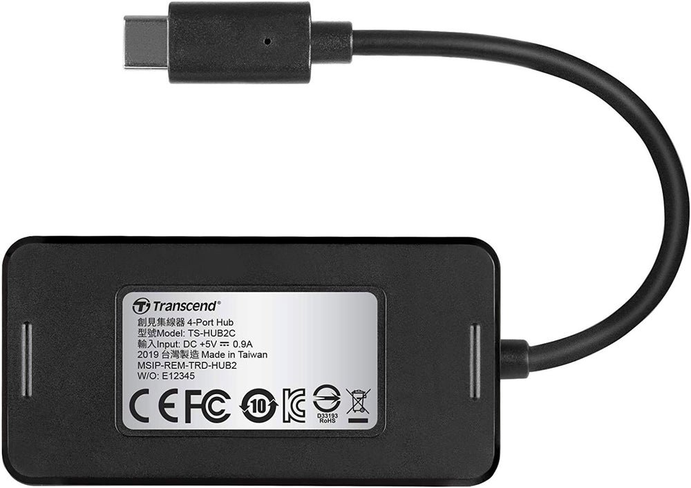 Back label on black USB hub with Type‑C to USB cable loop