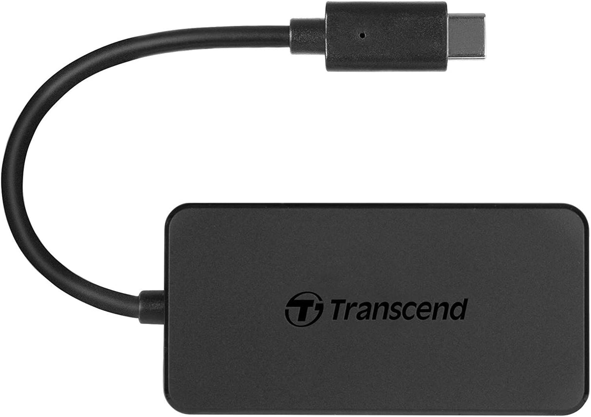 Black USB Type‑C 4‑port hub adapter with integrated cable and Transcend logo