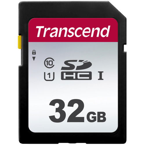 Card SD Transcend negru cu etichetă roșu-alb și 32GB