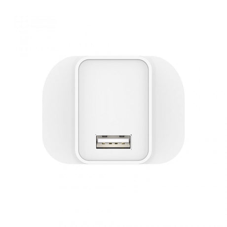 White USB-A wall charger front view with exposed USB-A port, 12W 2.4A
