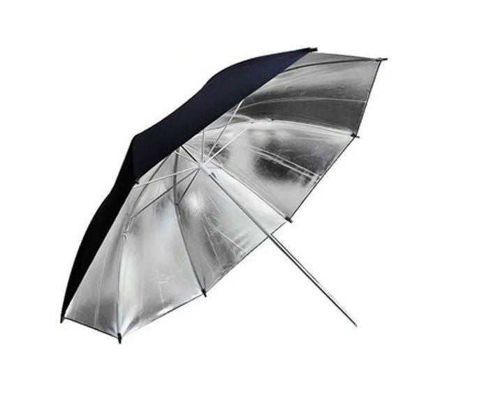 Umbrelă foto convertibilă 84 cm: argintiu reflectorizant pe interior, negru pe exterior