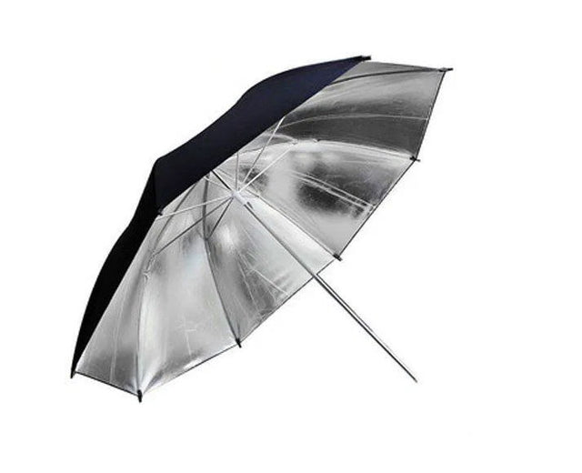 Umbrelă foto 109 cm cu interior argintiu și exterior negru, design dublu