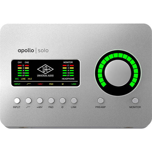 Interfață audio USB Apollo Solo, panou frontal gri cu buton Monitor și comenzi