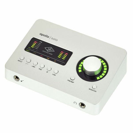 Apollo Solo TB3 angled view showing input section, meter displays, and monitor/preamp knobs