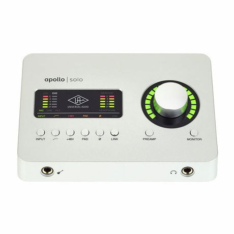 Apollo Solo USB audio interface front panel with meter screen, preamp and monitor controls