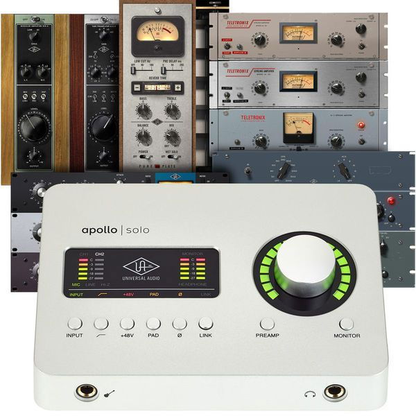 Apollo Solo USB audio interface, white panel with green-lit monitor knob