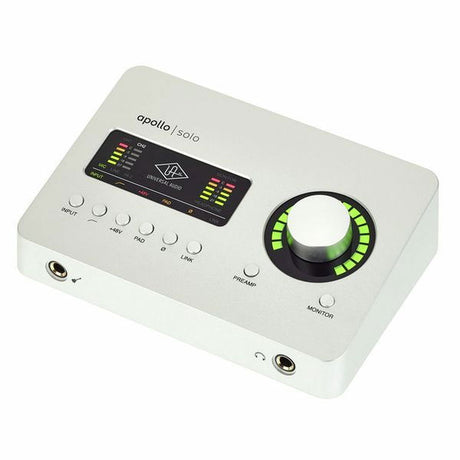 Apollo Solo USB audio interface, angled view with monitor knob and input pad buttons