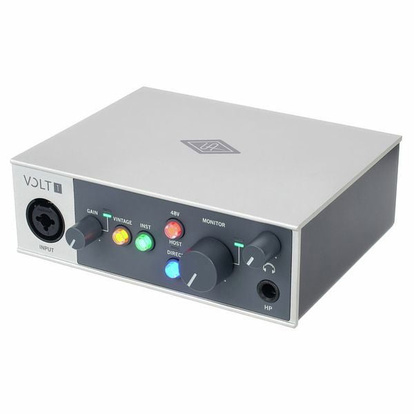 Volt 1 audio interface with front input, gain knobs, monitor controls, and status LEDs