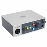 Angle view of Volt 1 audio interface front panel with multicolor status lights and monitor control
