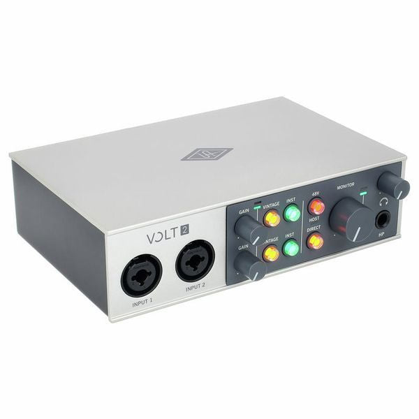 Volt 2 audio interface angled view showing front panel knobs and two input ports