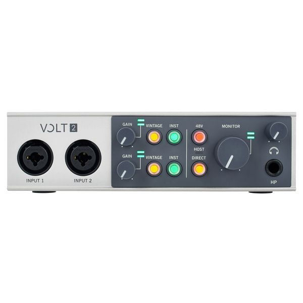Volt 2 audio interface close-up: two combo inputs plus gain, 48V, and monitor controls