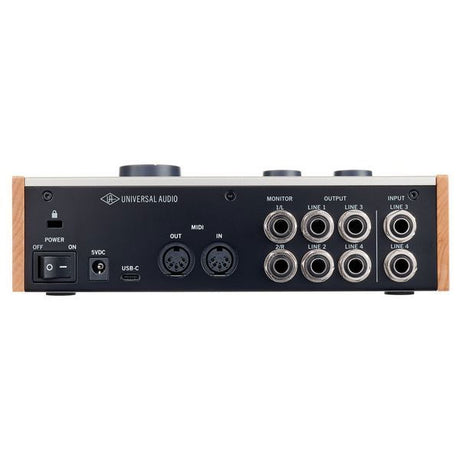 Back panel of Volt 476 audio interface with USB-C, MIDI, and line input/output jacks
