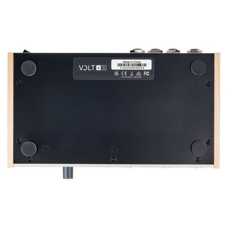 Bottom panel of Volt 476 audio interface with label and four rubber feet
