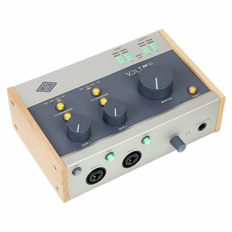 Volt 276 audio interface angled view showing input jacks, gain knobs, and monitor control