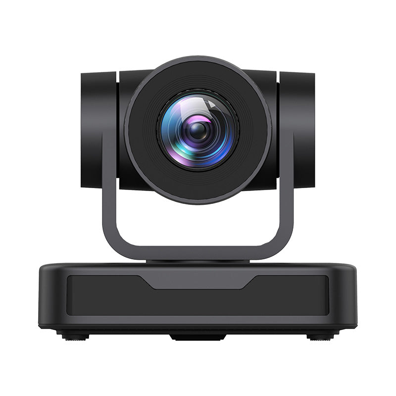 Black PTZ camera front view with circular lens and protective housing