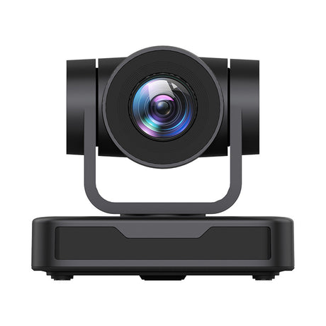 Black PTZ camera front view with circular lens and protective housing