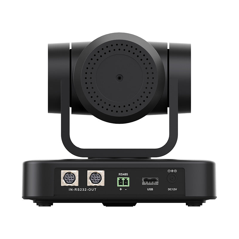 Black PTZ camera rear panel with ports: IN-RS232, RS485, USB, DC12V