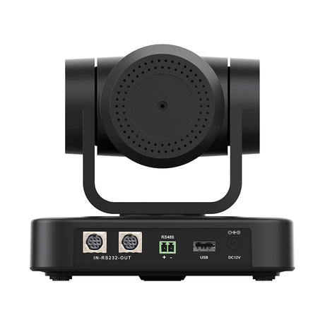 Black PTZ camera rear panel with ports: IN-RS232, RS485, USB, DC12V