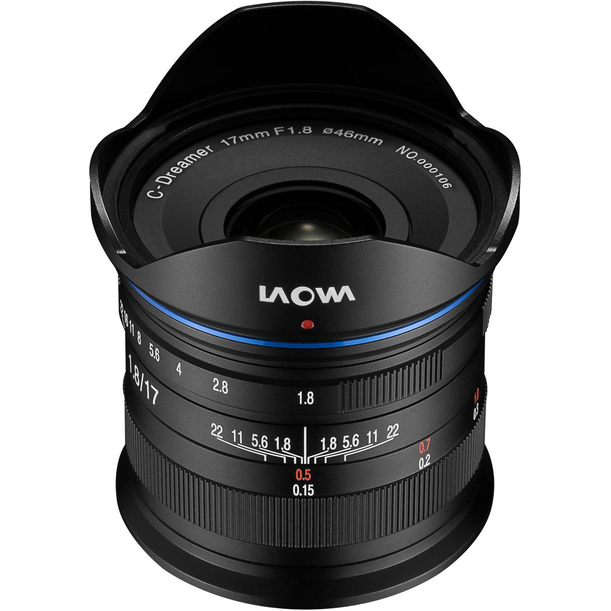 Black camera lens rear view with blue accent ring and engraved lens housing