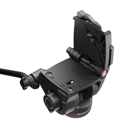 Cap fluid Manfrotto 500X din lateral, panou cu reglaje și prinderi