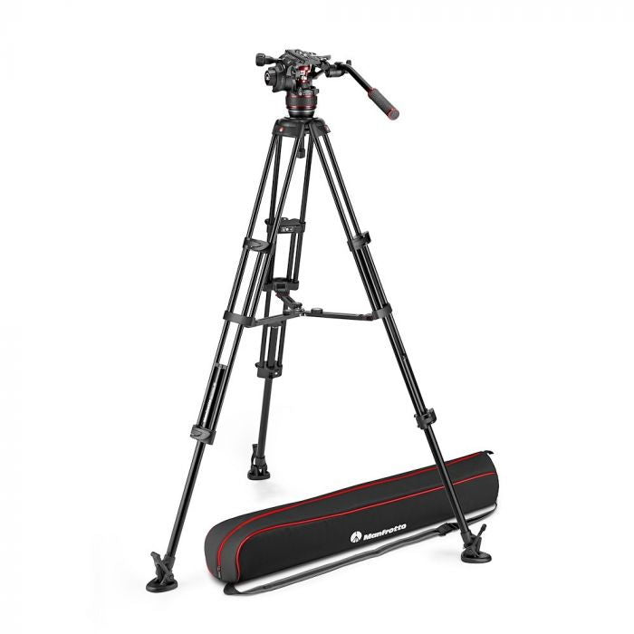Trepied video Manfrotto cu cap și husă neagră, inserții roșii