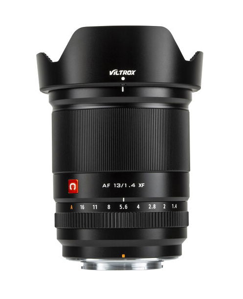 Viltrox 13mm f/1.4 AF lens for Fujifilm X, front view with aperture markings