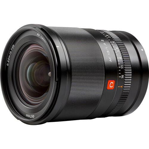 13mm f/1.4 AF STM lens for Nikon Z, side view with ridged focus/aperture ring